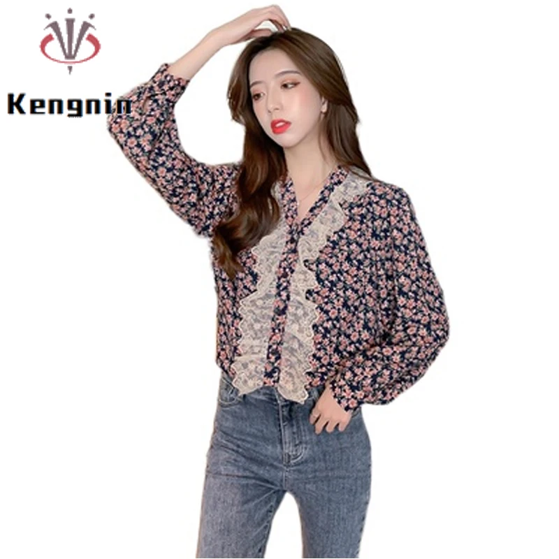 Женская рубашка Весна Осень 2021 женская блузка с рукавами фонариками кружевная