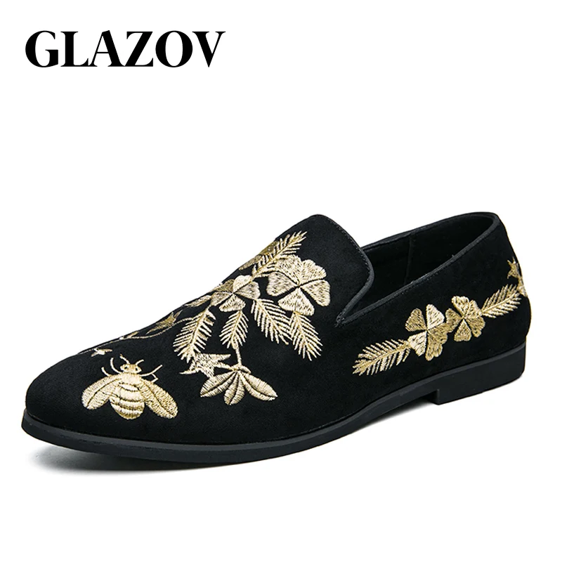 

GLAZOV New Luxury Designer Men Suede Nationality Embroidery Casual Loafer Dress Wedding Shoes Driving Flats Footwear Moccasins
