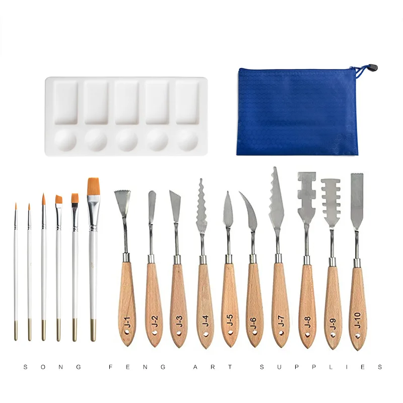 

17 Pieces Nylon Wool Wood Handle Watercolor Brush Set Learning Oil Painting Art Brush Supplies Oil Painting Knife Set