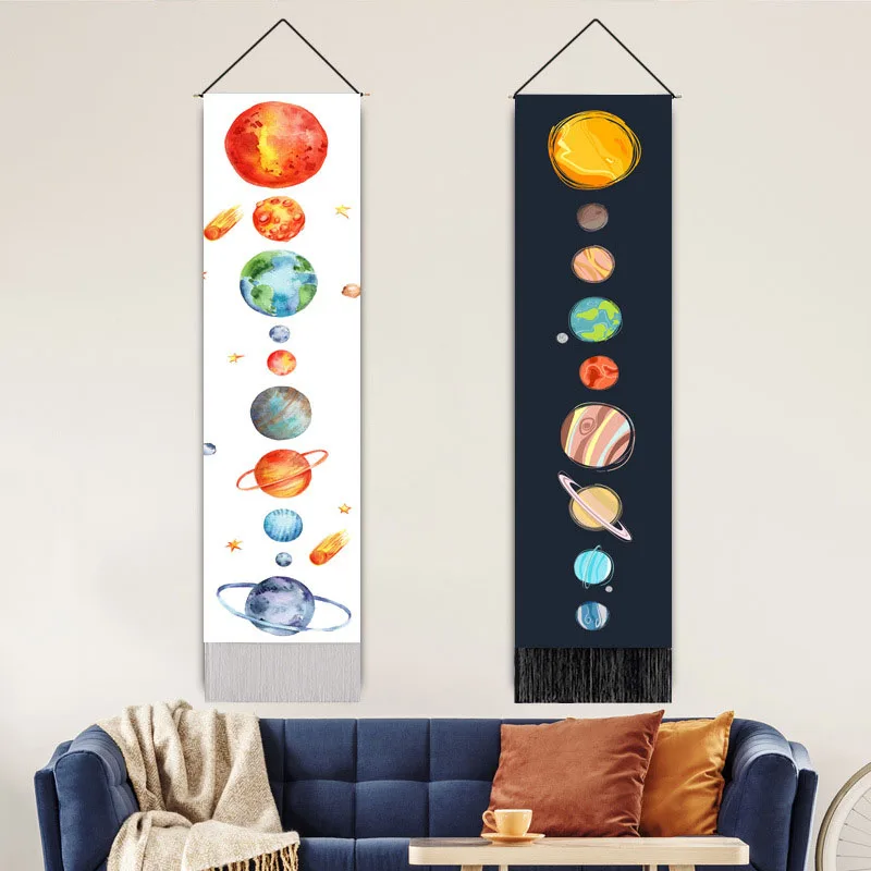 

Solar System Planets Tassel Scroll Hanging Painting Cosmic Stars Sky Art Wall Teaching Children Tapestries Painting