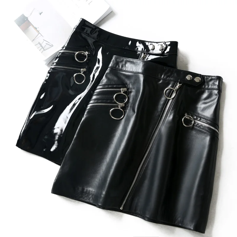 

High Quality Luxury Lady Genuine Leather Short Skirts Fashion Solid Zipper High Waist Wrap Skirts Elegant Slim Fit A-Line Skirts