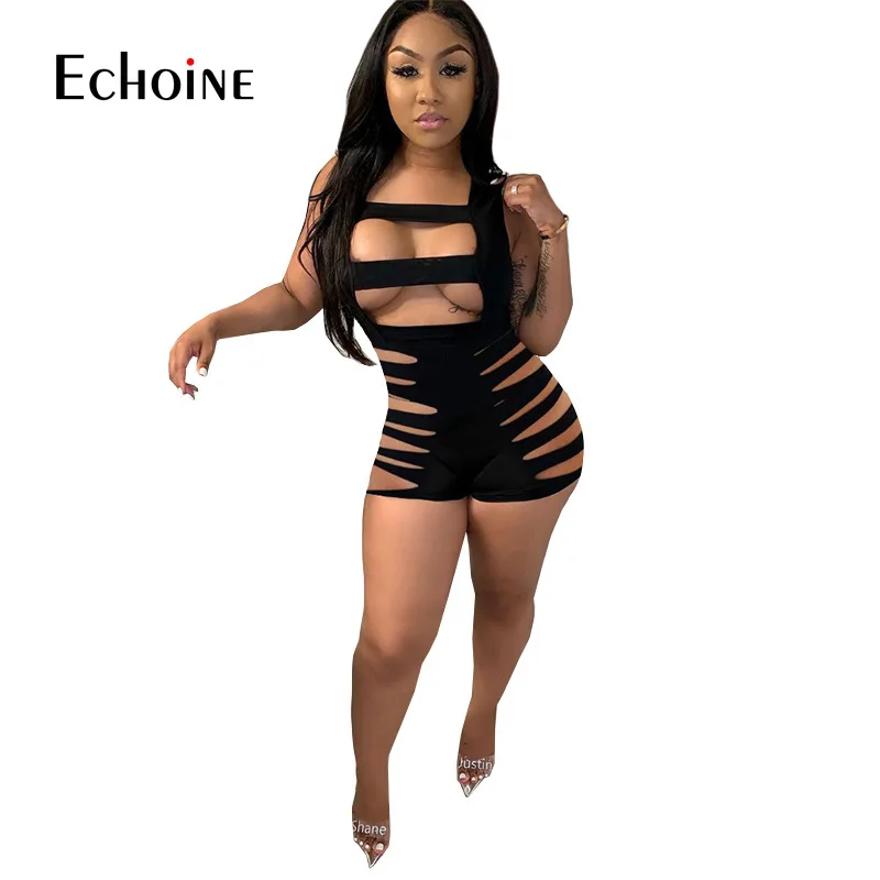

Echoine 2021 Women Summer Solid Hollow out one piece bodysuits Playsuits Sleeveless Sexy shorts Fitness Jumpsuit Club Rompers