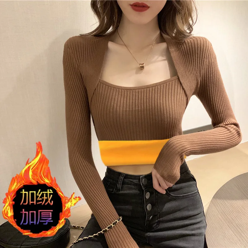 Женская зимняя вязаная шерстяная футболка без подкладки с длинным рукавом |