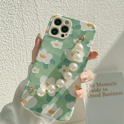 

Summer Small Fresh Mint Green Flowers And Pearl Chain Apple Mobile Phone Case TPU Material Leather Anti-skid And Wear-resistant