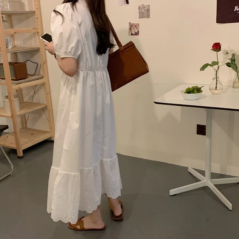 

New Summer Women Dress Cotton Long Dress Korean Fashion Cake Dress Elegant Lace V neck Hole Waist Short Sleeve Puff Sleeve Dress