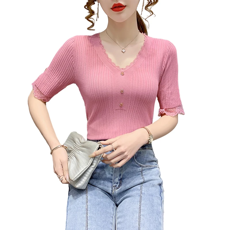 

Short Sleeve Ice Silk Sweater Summer New V-neck Lace Slim Fit Versatile Top Women's Base Shirt T-shirt