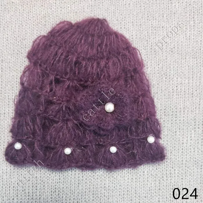 Gorro de Mohair de ganchillo para beb&eacute; y ni&ntilde;a, accesorios de fotograf&iacute;a para reci&eacute;n nacido con perla, accesorios de regalo para Baby Shower-5