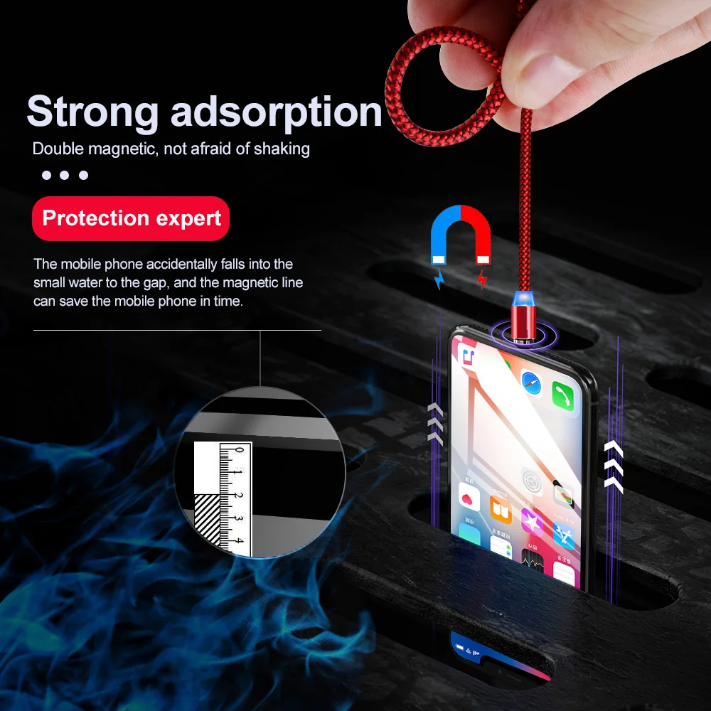 Магнитный зарядный кабель светодиодный с разъемом Micro USB Type-C для iPhone Huawei Honor Xiaomi