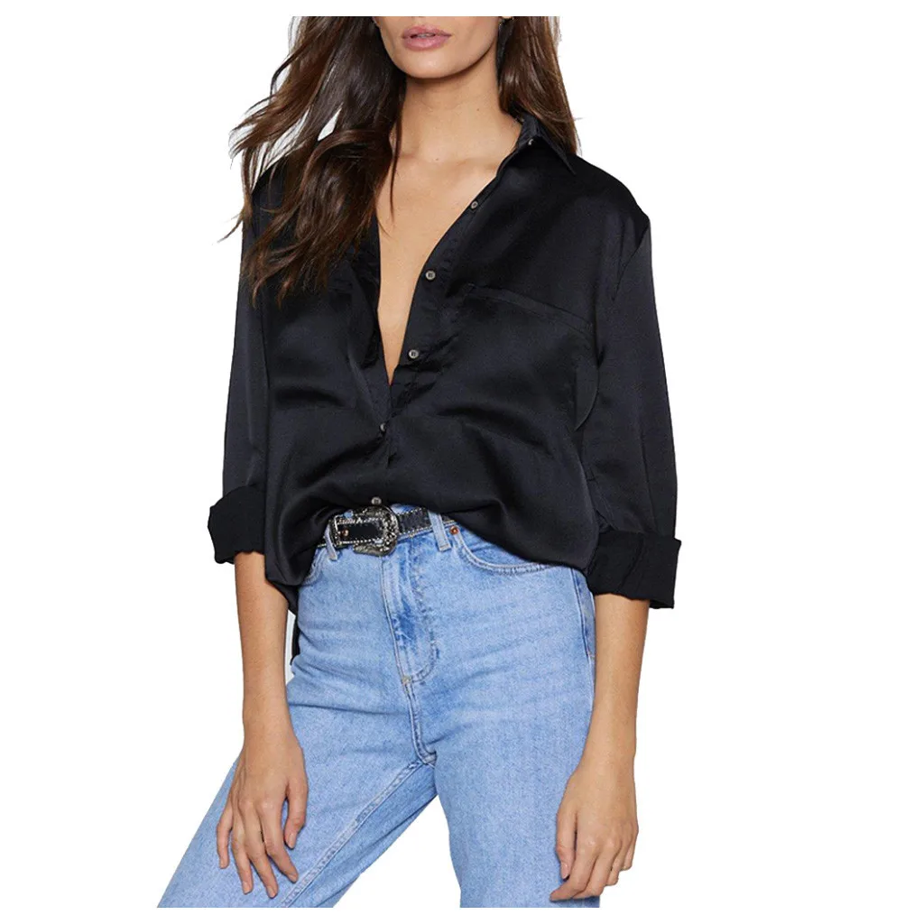 

WEPBEL Women's Casual Solid Color Loose Blouses Spring Autumn Fashion Long Sleeve Single-Breasted Pocket Turn-down Collar Shirt