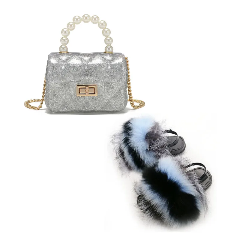 

New Kid's Sweet Candy Color Jelly Purse Match Set Fashion Fluffy Fur Non-slip Heel Strap Sandals Toddler Cute Furry Shoes Hot