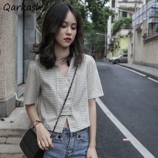 

Cropped Shirts Women Plaid Vintage Slim Summer V-neck Simple All-match Female Leisure Harajuku Design Popular Tops Hot Sale Ins
