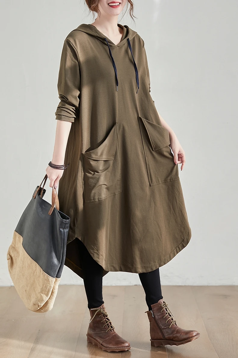 

COIGARSAM Hooded Women dress New Spring Loose Solid Dresses Khaki Black 9852