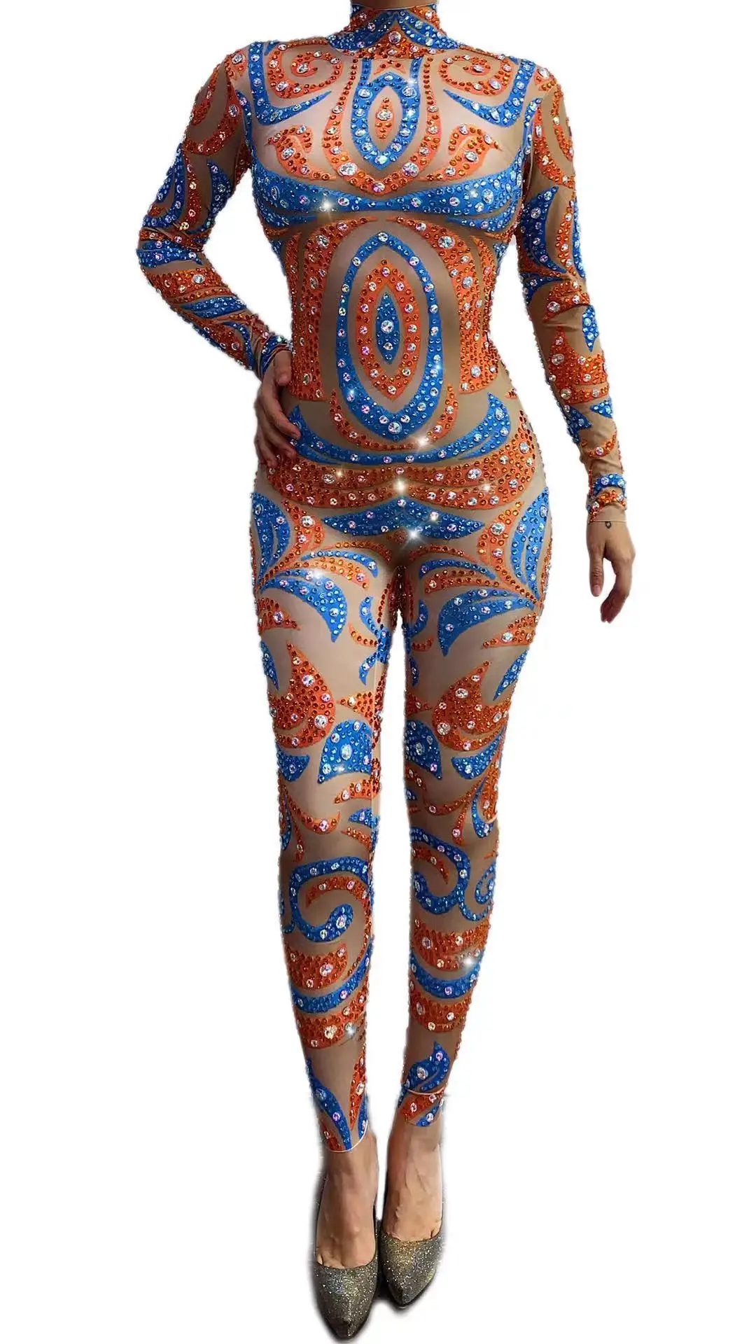 

Nightclub Female Singer Costume Court Print Rhinestones Stretch Spandex Jumpsuit Birthday Celebrate Prom Party Stage Club Wear