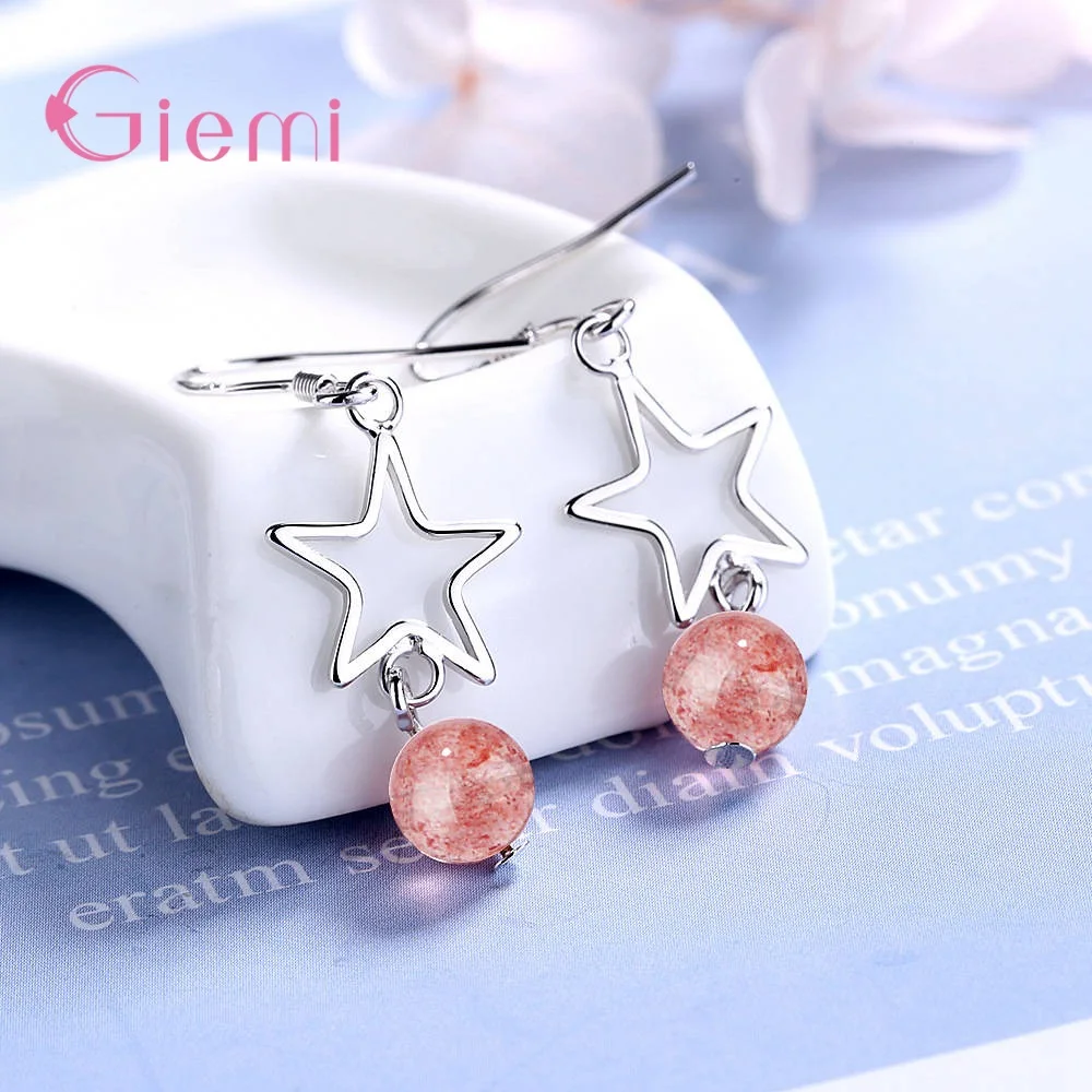 

Sparkling Pentagram Strawberry Crystal 925 Sterling Silver Drop Earrings For Women EarDrop Natural Pink Birthday Gift Jewelry