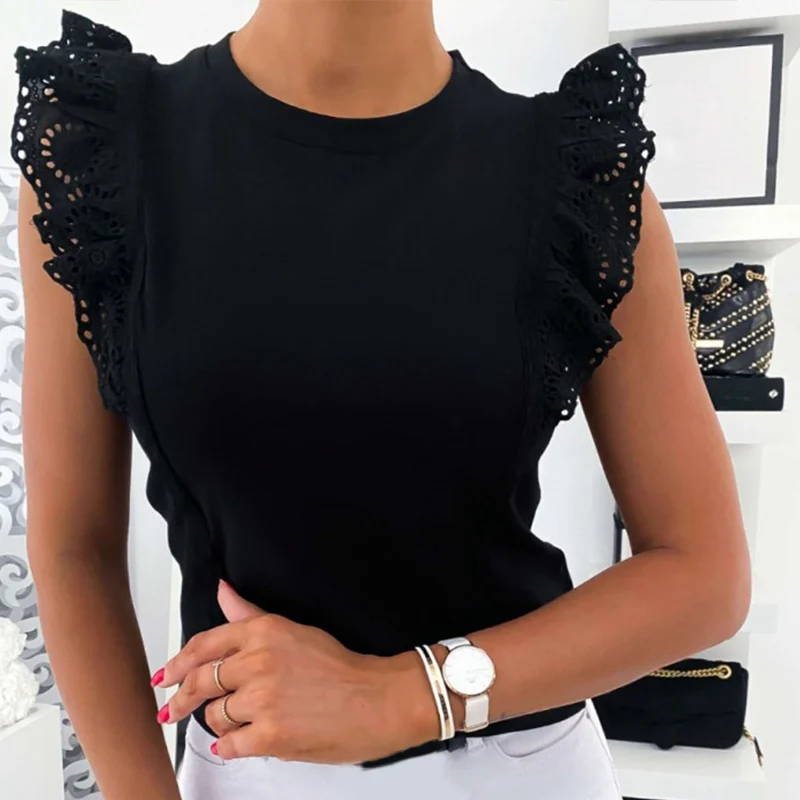 Кружевная летняя женская футболка с вышивкой круглым вырезом в стиле пэчворк