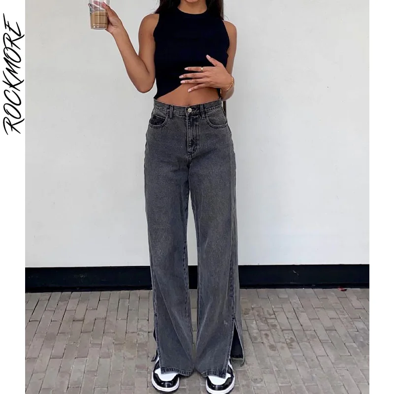 

Rockmore Baggy Jeans High Waist Women Casual Split Straight Denim Pants Y2K Streetwear Mom Wide Leg Cargo Trousers Harajuku 2021