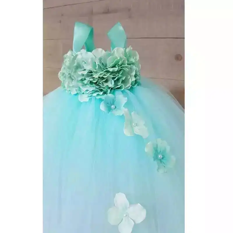 

Aqua Blue Flowers Girls Tutu Dress Princess Long Tulle Girls Wedding Dresses Kids Formal Party Bridesmaid Dress vestidos