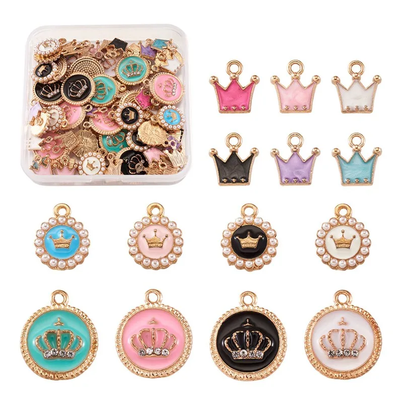 

Aolly Enamel Pendants with Resin Imitation Pearl Resin Rhinestone Flat Round with Crown for Jewelry Making DIY Bracelet Necklace