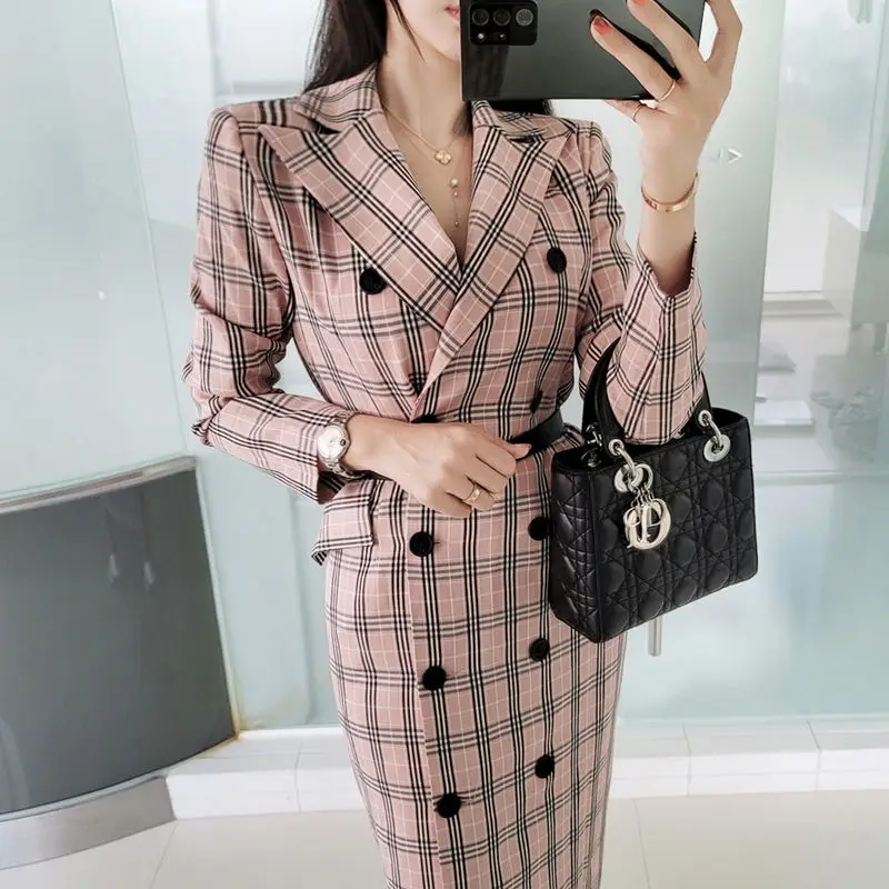 

Vintage Female Long Plaid Vestidoes Autumn Spring Long Sleeve Pink Maxi Dress Elegant Korean Office Party Female Blazer Dresses