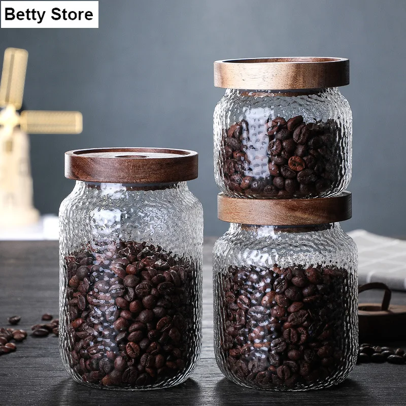 

European Embossed Glass Food Storage Jar with Wooden Lid Household Sealed Coffee Bean Tea Can Transparent Storage Box Home Decor