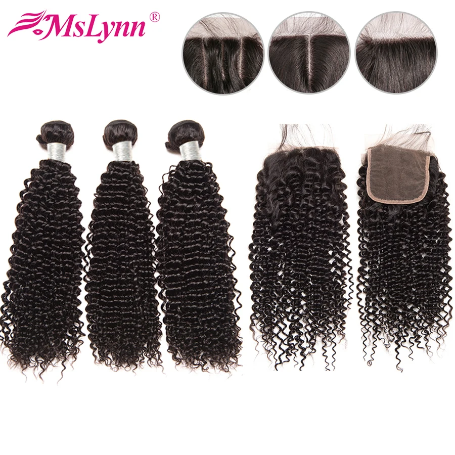 Бразильские пучки волос плетение с закрытием пряди кудрявых человеческих mslyn не