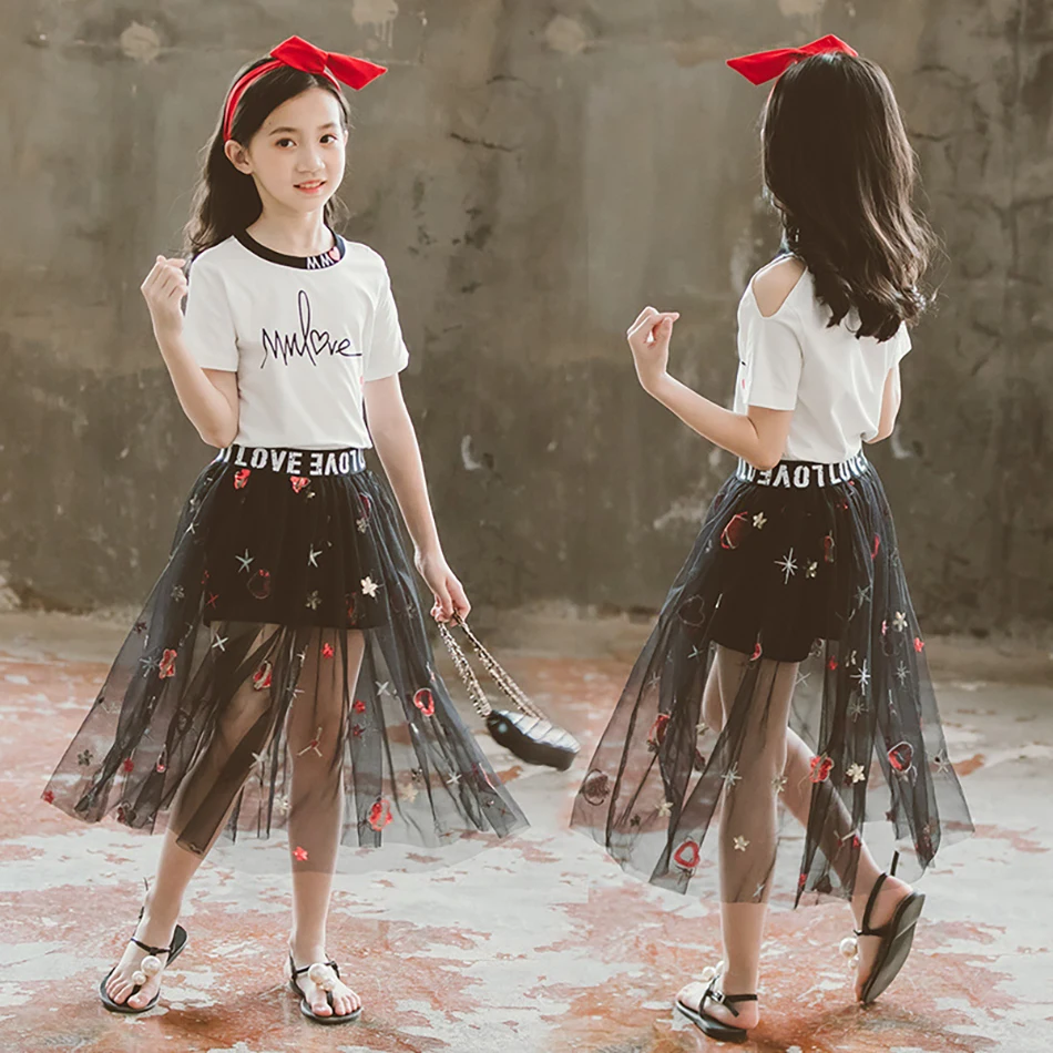 Children Clothing Swan T-shirt+Star Mesh Skirt 2pcs Outfit 2021 Summer Toddler Girls Clothes Suit Kids Tracksuit For Girls Sets