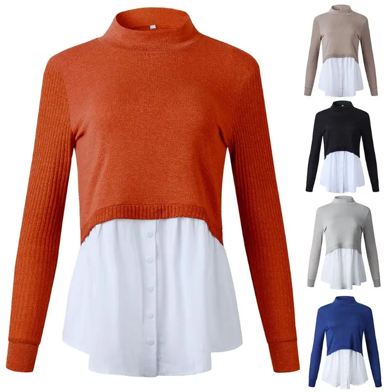 

Women 2 In 1 Patchwork Pullover Tops Ribbed Knitted Long Sleeve Sweater Button Down Layered Shirt Blouse Hem Jumper