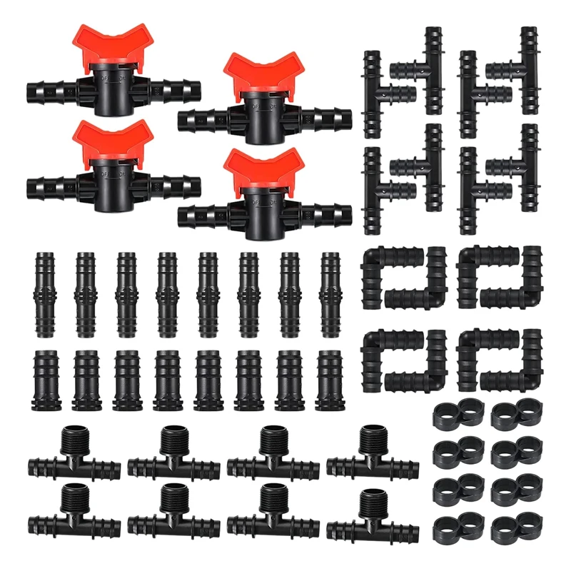

52 Pcs Drip Irrigation Fittings Kit Irrigation Barbed Connectors for 1/2Inch Tubing Irrigation Water Hose Connector