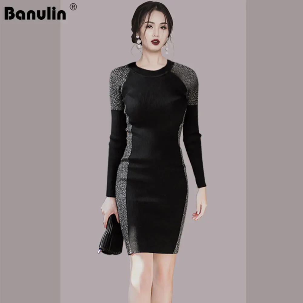 

Banulin Winter Autumn Chic Korean Elegant Knit Dress Women's Color Contrast Package Hip Bodycon Sweater Base Wear Vestidos 625#