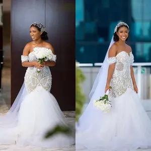 Plus Size Arabic Custom Made Lace Beaded Mermaid Wedding Gowns Sweetheart Illusion Sexy Bridal Dresses 2022