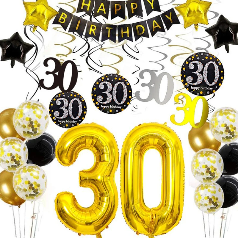 

Gold/Black 30th 40th 50th 60th Anniversary Happy Birthday Balloons Adult Confetti Baloons Banners Garlands Party Decoration