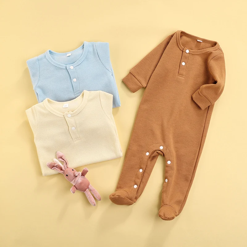 

Комбинезон для новорожденных, повседневный однотонный комбинезон с длинным рукавом и круглым вырезом для малышей 0-12 месяцев, теплая удобна...