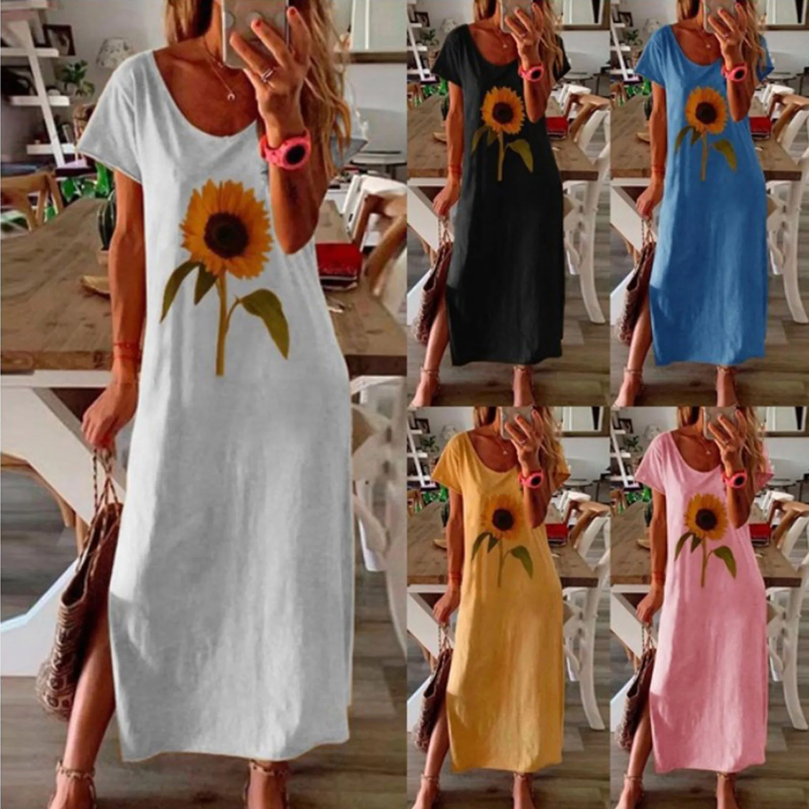 

Dresses For Women Summer Fashion Loose Sunflower Print Short Sleeves Split O-neck Casual Maxi Dress Female Party Dress#35