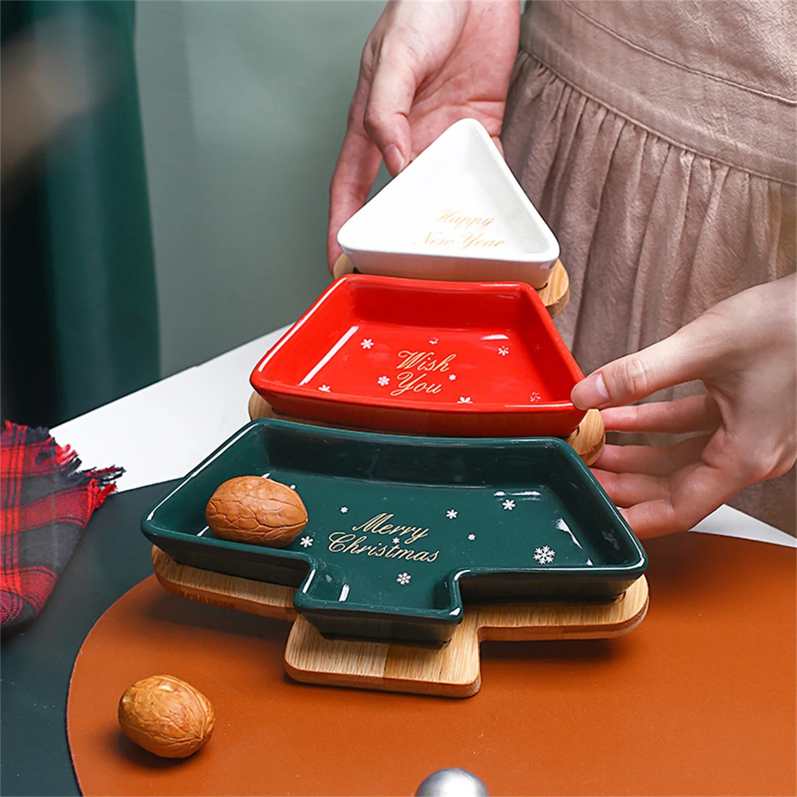 

Christmas Tree Serving Dish Divided Snack Appetizer Tray\u00a0with Wood Base for Home Party, Family Gathering, Restaurant
