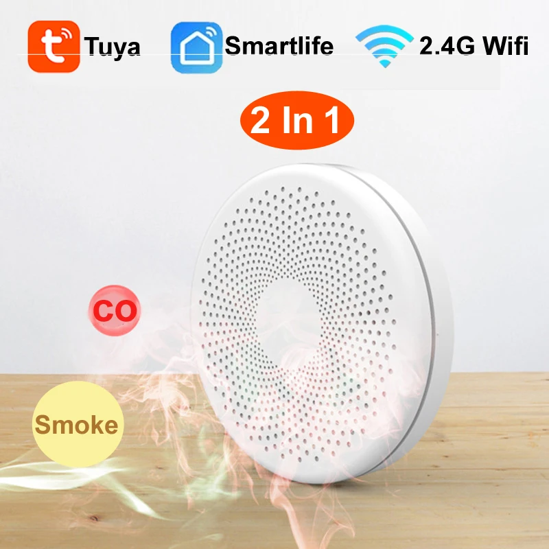 Датчик угарного газа Tuya 2 в 1 Wi-Fi детектор дыма и противопожарная система для
