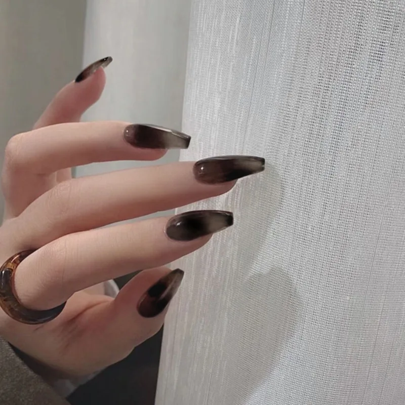 

Crystal Black Ombre Nails Press on Medium Length Coffin Fake Nails JP1638-B3