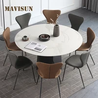 Built-in Rock Board Round Dining Table, Light Luxury Stainless Steel Bronze Dining Table And Chair Modern Dining Room Furniture
