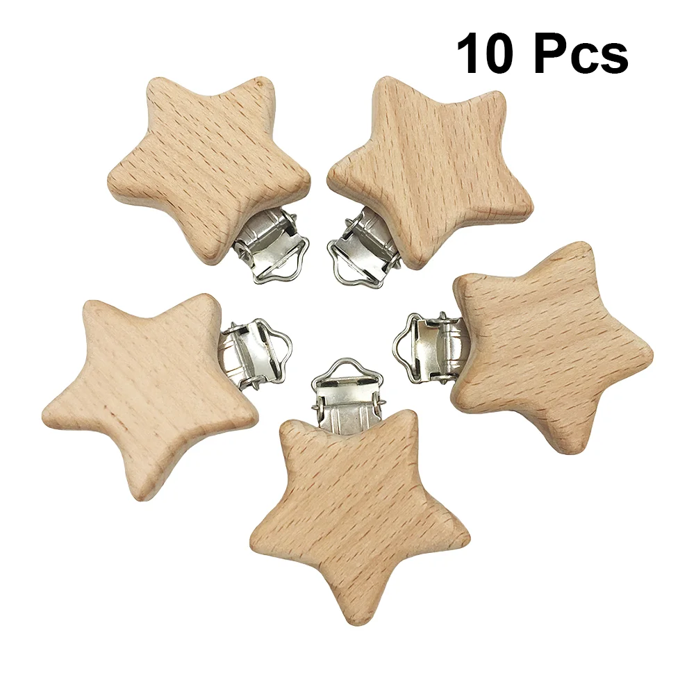 

10pcs Infant Pacifier Clip Wooden Teething Soother Clip Clip Five Star Shape Design for Baby