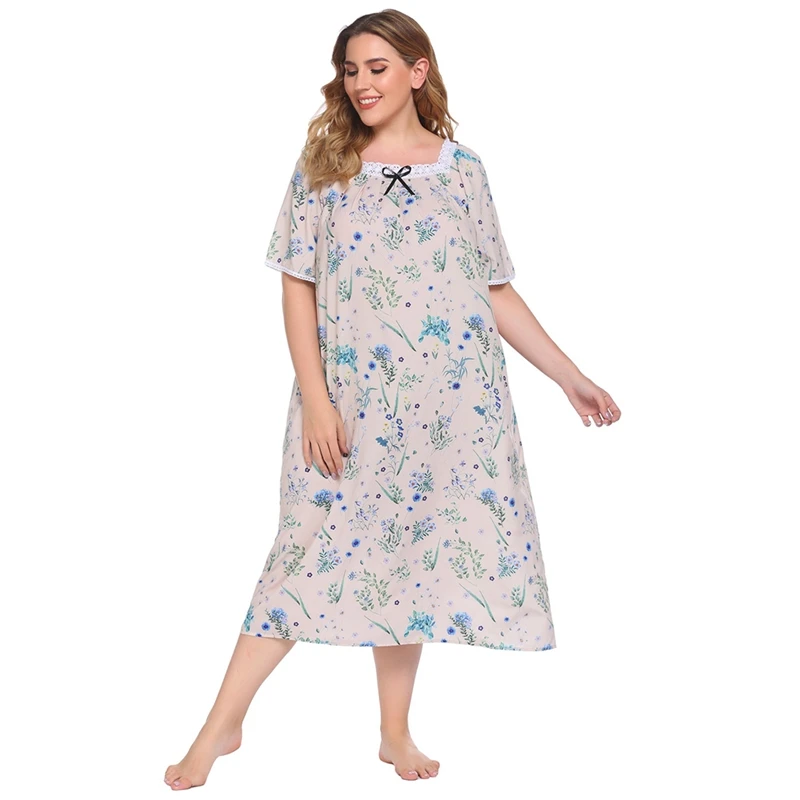 

Women Short-Sleeved Printed Flowers Nightgowns Casual Loose Female Nightdress Plus Size
