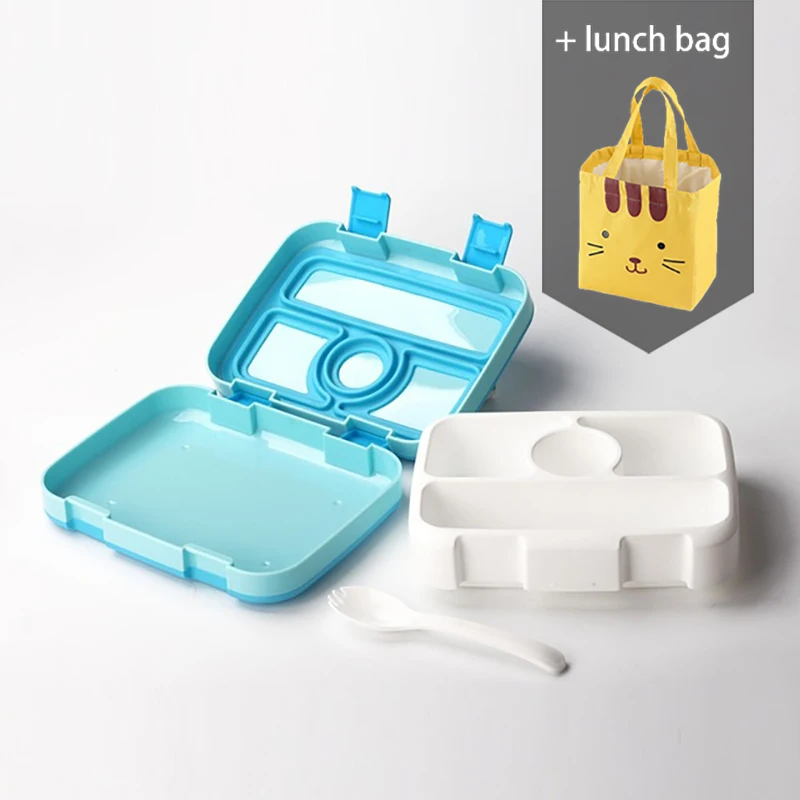 Blue 4 and bag Baispo Microwavable квадратная коробка для обеда для детей Герметичный пищевой контейнер с отделениями BPA бесплатно ланчбокс для пикника школы - Цвет: Blue 4 and bag