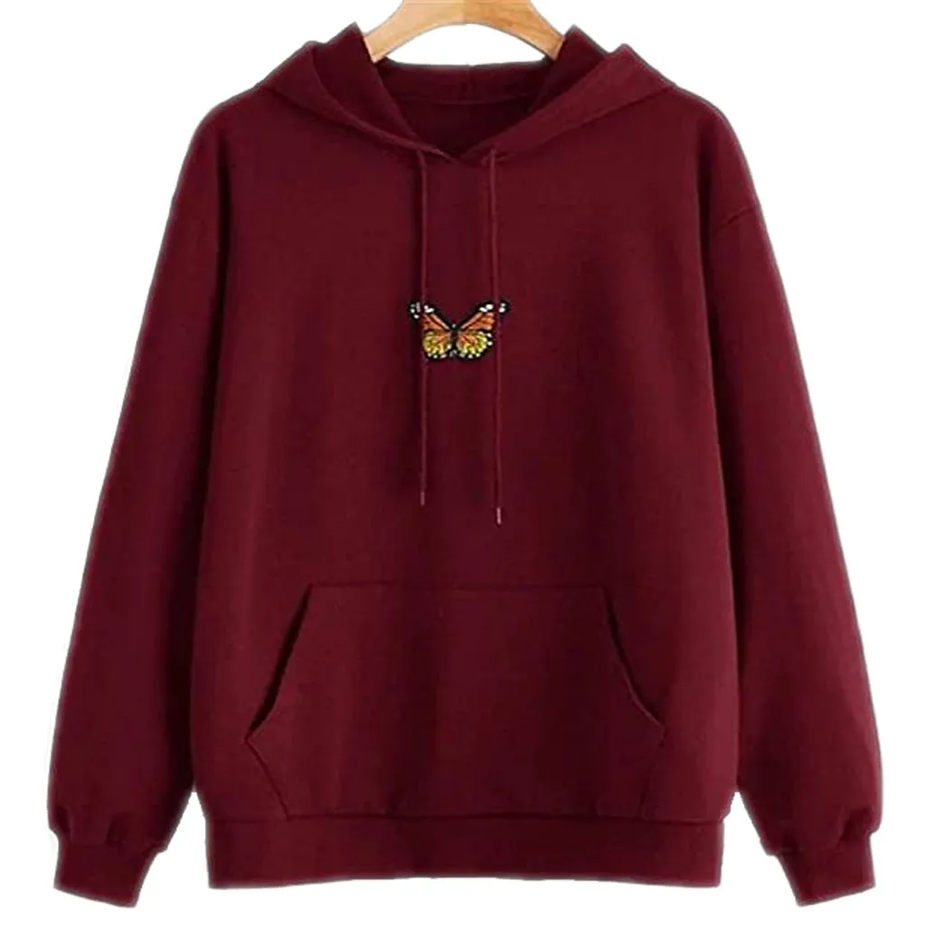 

Ladies Hooded Casual Long Sleeve Butterfly Embroidered Thin Sweatshirt Womens Butterfly Sweatshirt Long Sleeve Pocket Blouse#30