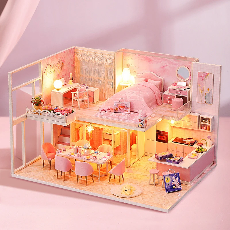 

Princess Loft DIY Wooden Doll House Kit Assembled Miniature with Furniture Light Casa Dollhouse Toys for Girls Birthday Gifts