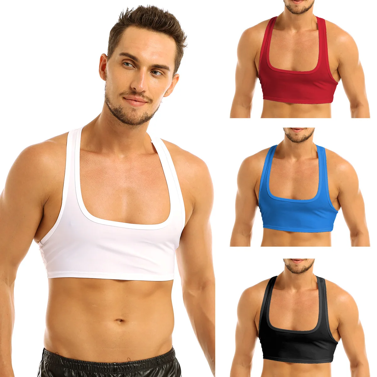 Fashion Men Crop Tops Sleeveless Y Back Muscle Vest Half Tank Gay Dance Clubwear Stage Costume Tee T-shirts |