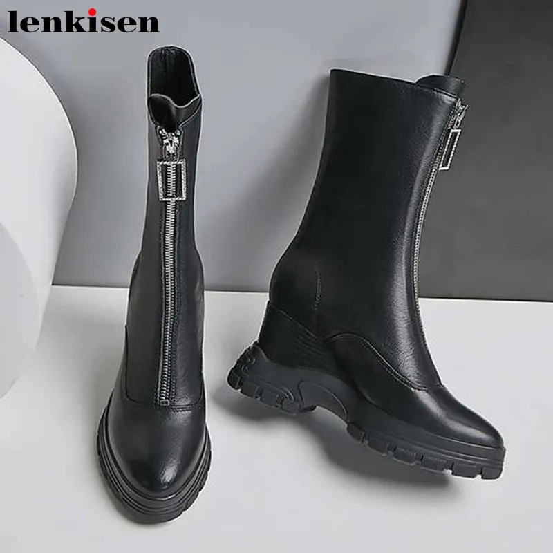 Lenkisen/мотоциклетные ботинки из натуральной кожи на танкетке и толстой подошве на молнии; зимние женские ботинки до середины икры с круглым носком черного цвета; L20