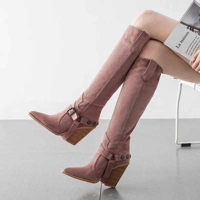 pink flock MORAZORA/женские сапоги на платформе и высоком каблуке с острым носком; сезон осень-зима; женские сапоги до колена с пряжкой в западном стиле; женская обувь; коллекция года - Цвет: pink flock