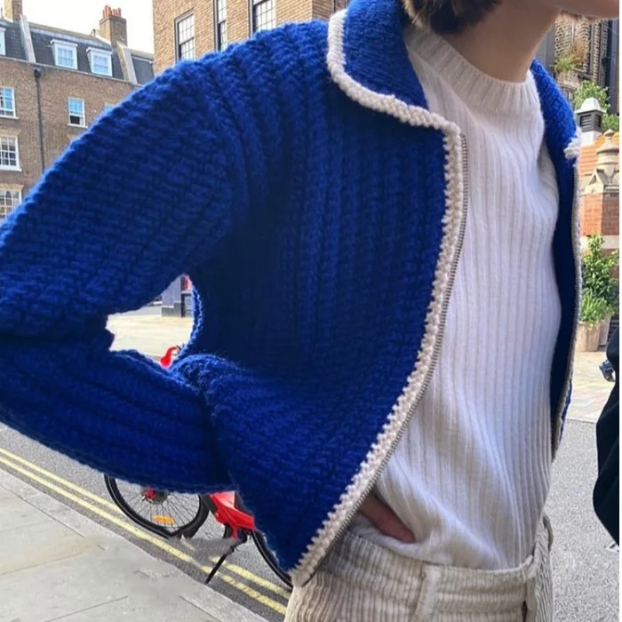 

Korean Ins Super Popular Simple Casual Loose All-Match Retro Lapel Contrast Color Thick Needle Zipper Thick Coat Top