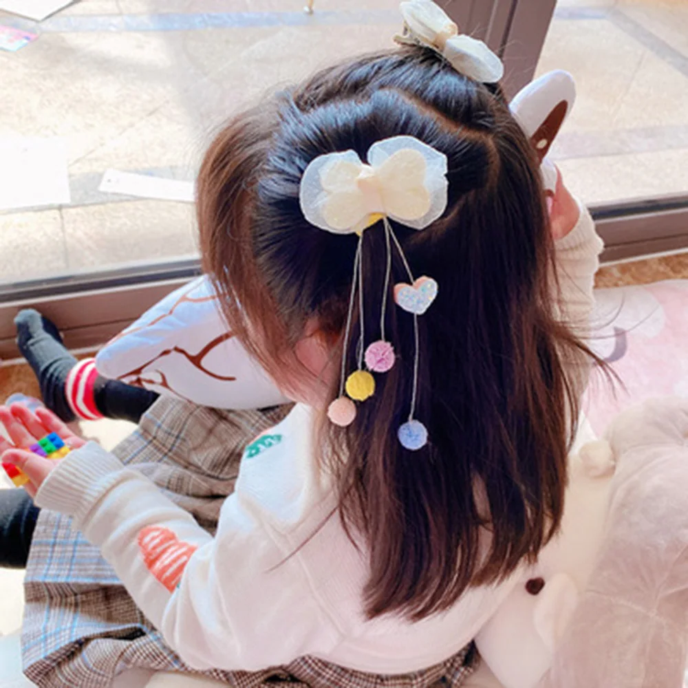 

1pair Organza Glitter Net Yarn Bow Love Hair Ball Tassel Hairpin Princess Series Children Girl's Side Clip Hair Accessories