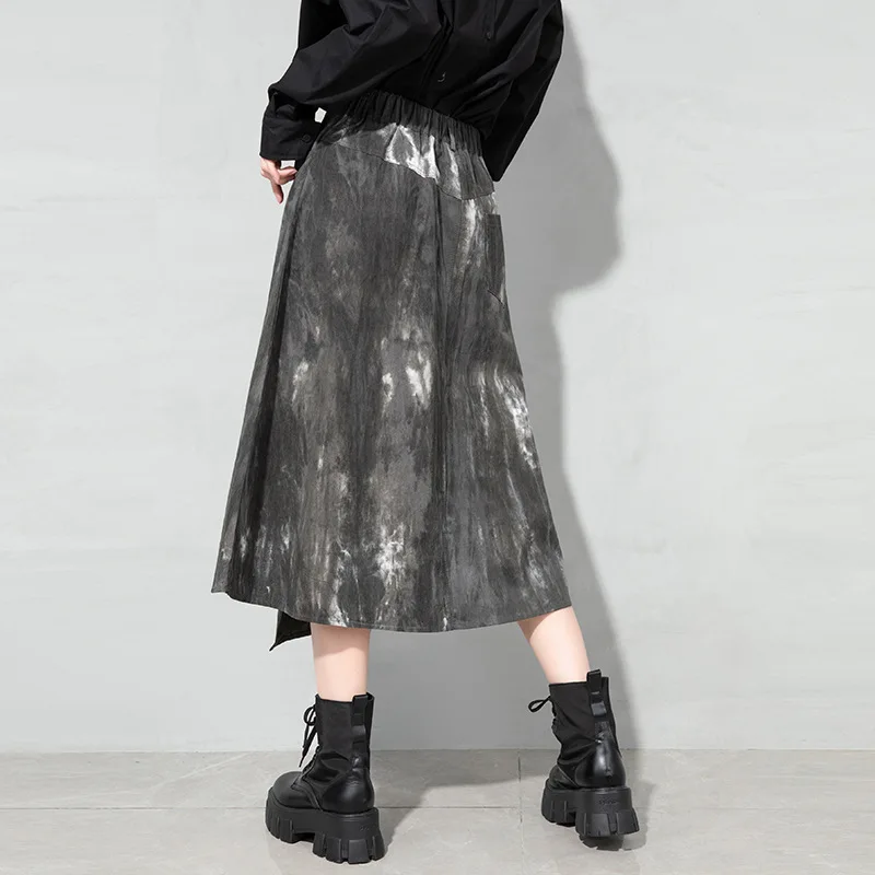 

2021 Spring New Loose Waist Tie Dye Skirt Loose Big Size Tide Brand A-line Skirt Preppy High Waist Asymmetrical Skirts Bis Size