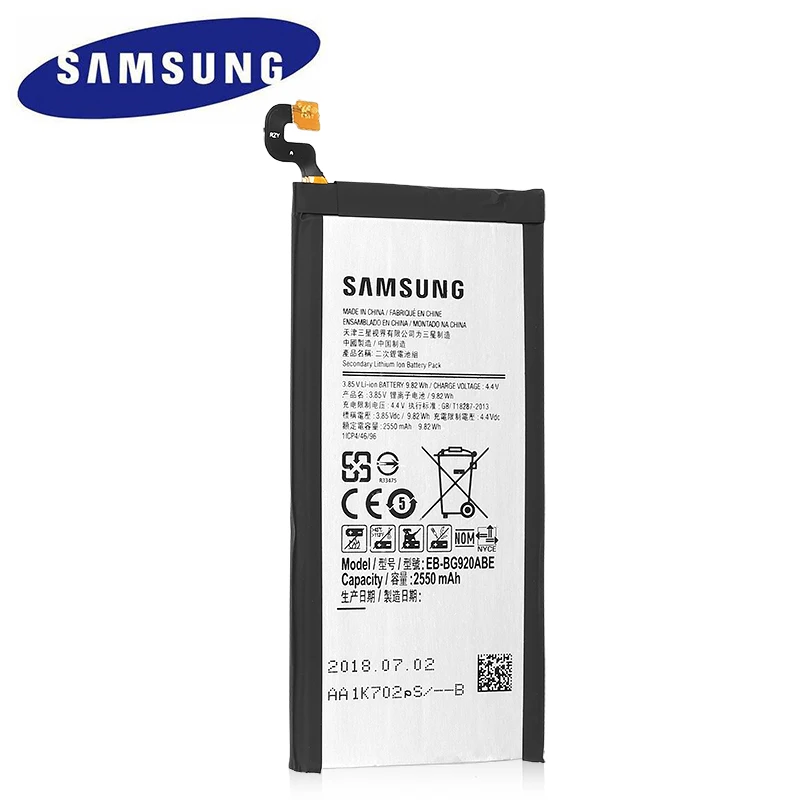 Оригинальная батарея EB BG920ABE 2550 мАч для Samsung GALAXY S6 G9200 G9208 G9209 G920F G920I G920 G920A G920V G920T