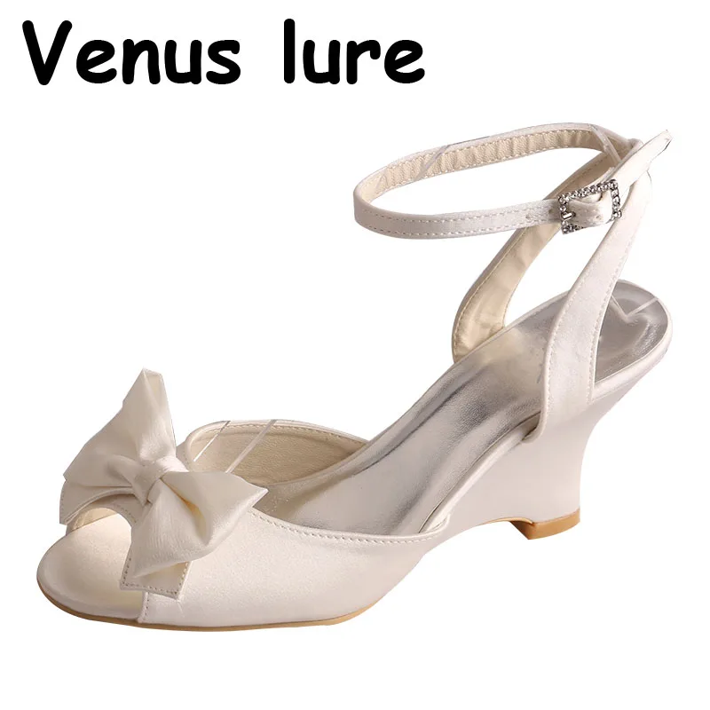 

Venus lure Ankle Strap Wedding Shoes Peep Toe Wedge Ivory Bow Sandals